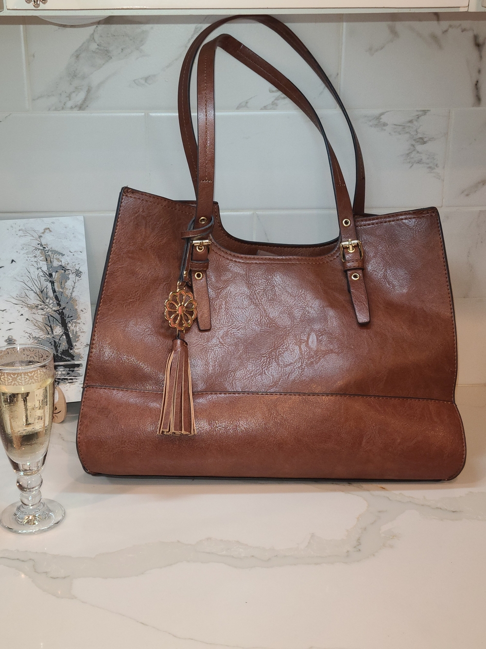 Bueno Brown Leather Tote with Tassel Charm - Picture 14 of 15